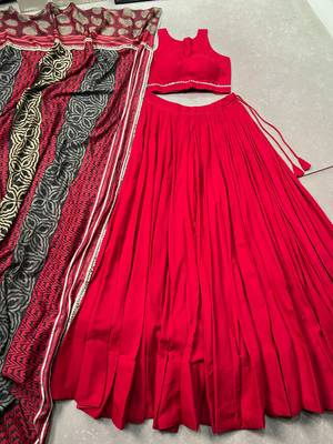 women's festive rayon  lehenga choli with printed cotton dupatta & mirror work lace - free size 5