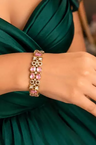 Pink Crystal Gold Tone CZ Tennis Bracelet, Vintage Inspired Cuff, Elegant Evening Jewelry