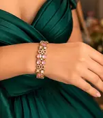 Pink Crystal Gold Tone CZ Tennis Bracelet, Vintage Inspired Cuff, Elegant Evening Jewelry