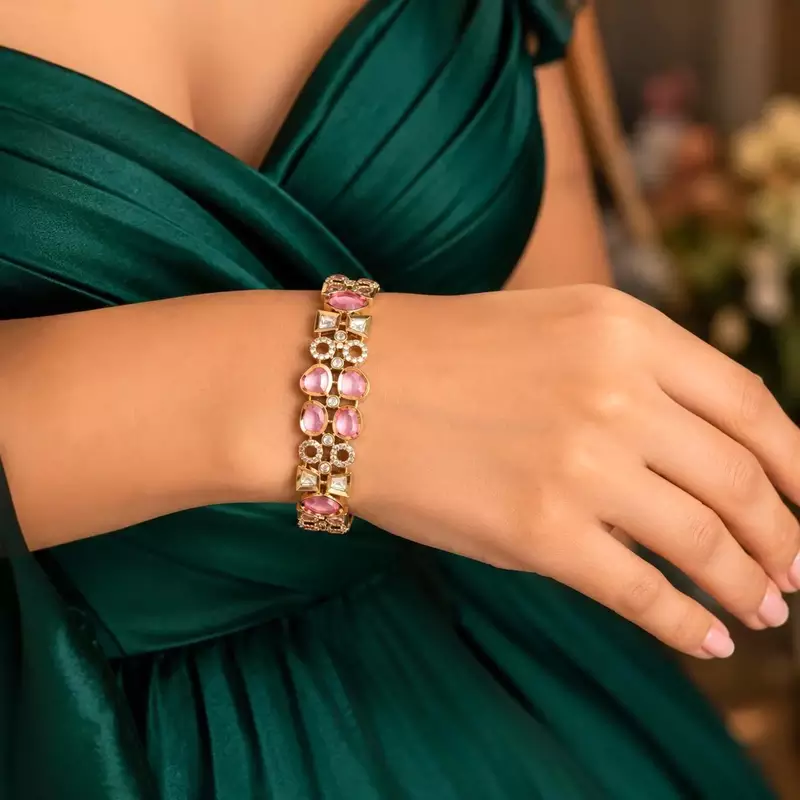 Pink Crystal Gold Tone CZ Tennis Bracelet, Vintage Inspired Cuff, Elegant Evening Jewelry