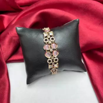 Pink Crystal Gold Tone CZ Tennis Bracelet, Vintage Inspired Cuff, Elegant Evening Jewelry 2