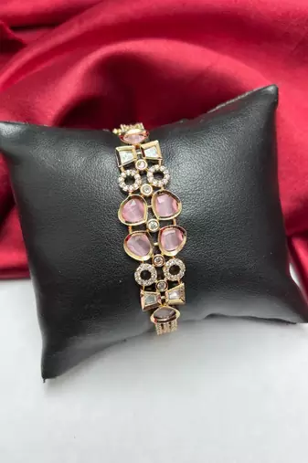 Pink Crystal Gold Tone CZ Tennis Bracelet, Vintage Inspired Cuff, Elegant Evening Jewelry