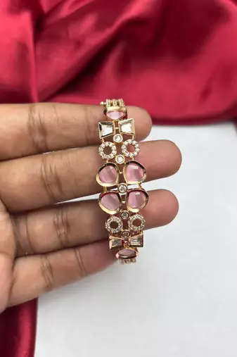 Pink Crystal Gold Tone CZ Tennis Bracelet, Vintage Inspired Cuff, Elegant Evening Jewelry