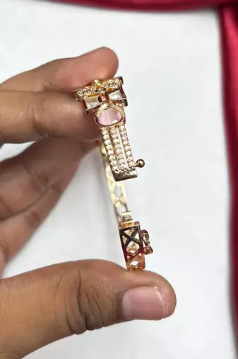 Pink Crystal Gold Tone CZ Tennis Bracelet, Vintage Inspired Cuff, Elegant Evening Jewelry