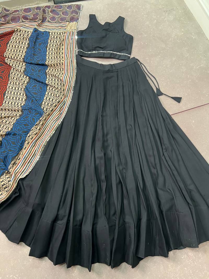 women's rayon lehenga choli with printed cotton dupatta & mirror work lace - free size