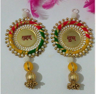 handmade multicolour jali plate moti chudi hanging for decorationshubh labh hanging for decoration (pack of 2) 1