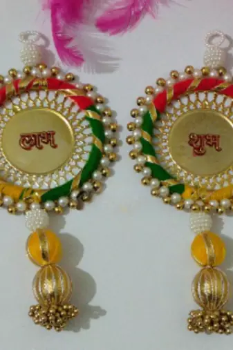 handmade multicolour jali plate moti chudi hanging for decorationshubh labh hanging for decoration (pack of 2)