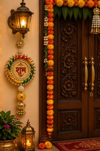 handmade multicolour jali plate moti chudi hanging for decorationshubh labh hanging for decoration (pack of 2)
