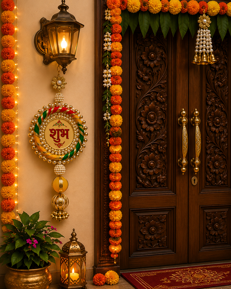 handmade multicolour jali plate moti chudi hanging for decorationshubh labh hanging for decoration (pack of 2)