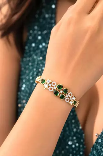 Emerald Green CZ Bracelet, Gold Plated, Art Deco Bridal Statement Jewelry