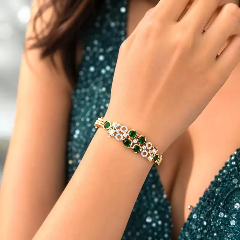 Emerald Green CZ Bracelet, Gold Plated, Art Deco Bridal Statement Jewelry