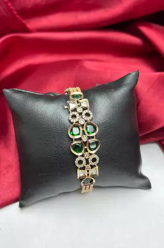 Emerald Green CZ Bracelet, Gold Plated, Art Deco Bridal Statement Jewelry