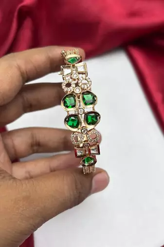 Emerald Green CZ Bracelet, Gold Plated, Art Deco Bridal Statement Jewelry