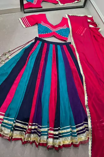 navratri multicolor panel chinon lehenga choli with gotta patti lace border dupatta - free size