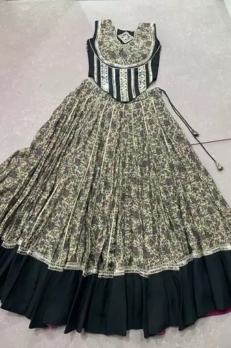 women festive real mirror work border chanderi garba lehenga choli set - free size