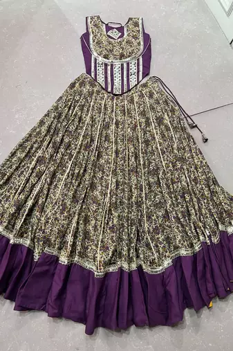women festive real mirror work border chanderi garba lehenga choli set - free size