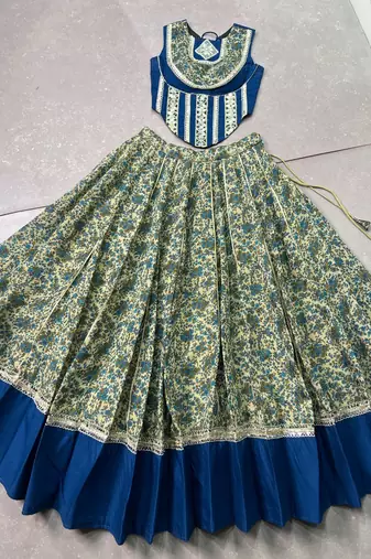 women festive real mirror work border chanderi garba lehenga choli set - free size