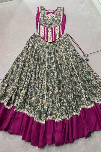 women festive real mirror work border chanderi garba lehenga choli set - free size