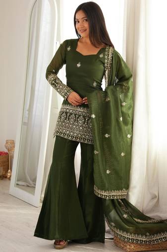 Women's Gorgeous Embroidery Work Crunchy Silk Fabric Straight Kurta Pant and Dupatta Set