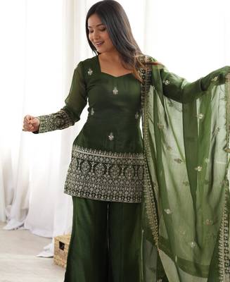 Women's Gorgeous Embroidery Work Crunchy Silk Fabric Straight Kurta Pant and Dupatta Set 2