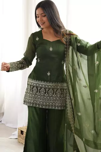 Women's Gorgeous Embroidery Work Crunchy Silk Fabric Straight Kurta Pant and Dupatta Set