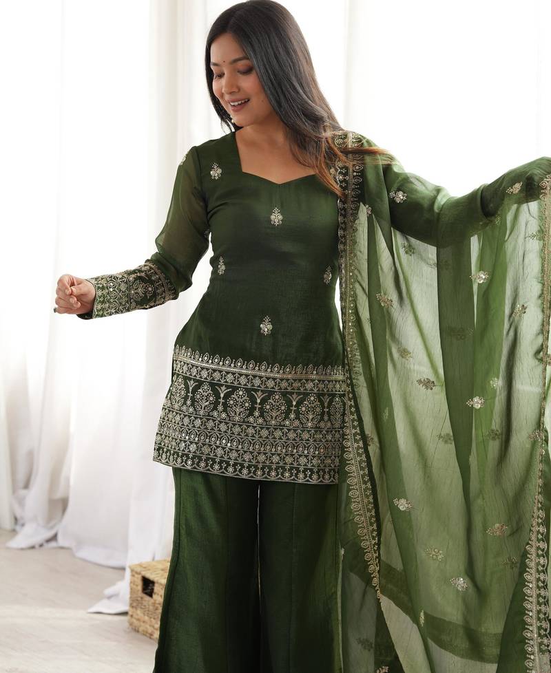 Women's Gorgeous Embroidery Work Crunchy Silk Fabric Straight Kurta Pant and Dupatta Set
