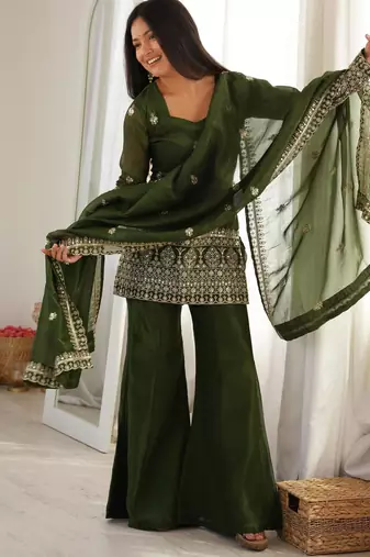 Women's Gorgeous Embroidery Work Crunchy Silk Fabric Straight Kurta Pant and Dupatta Set