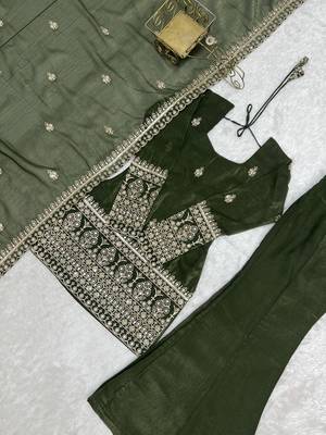 Women's Gorgeous Embroidery Work Crunchy Silk Fabric Straight Kurta Pant and Dupatta Set 5