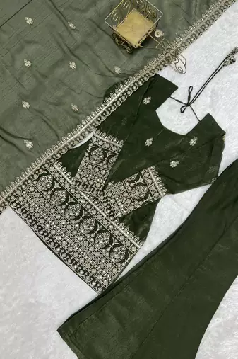 Women's Gorgeous Embroidery Work Crunchy Silk Fabric Straight Kurta Pant and Dupatta Set