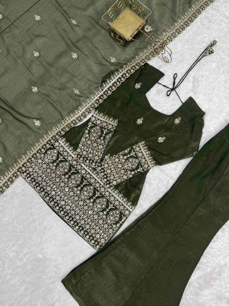 Women's Gorgeous Embroidery Work Crunchy Silk Fabric Straight Kurta Pant and Dupatta Set