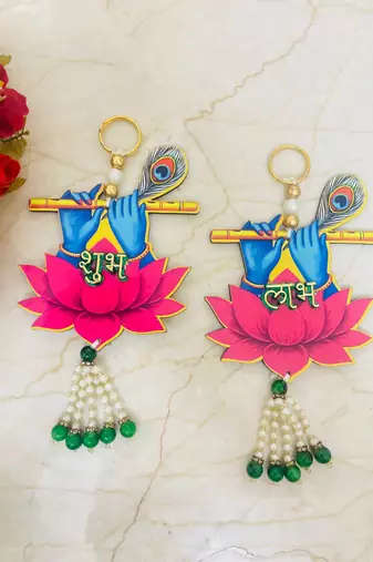 handmade multicolour krishna ji hanging shubh-labh hanging lotus decoration toran for home decor (pack of 2)