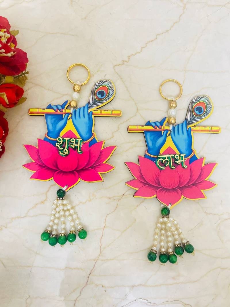 handmade multicolour krishna ji hanging shubh-labh hanging lotus decoration toran for home decor (pack of 2)