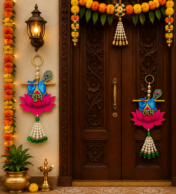 handmade multicolour krishna ji hanging shubh-labh hanging lotus decoration toran for home decor (pack of 2) 2