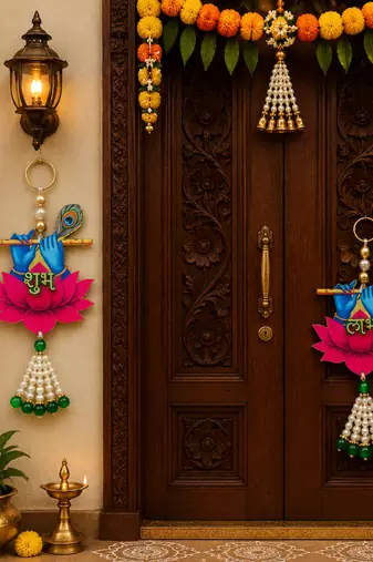 handmade multicolour krishna ji hanging shubh-labh hanging lotus decoration toran for home decor (pack of 2)