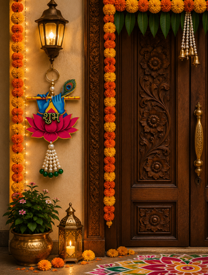 handmade multicolour krishna ji hanging shubh-labh hanging lotus decoration toran for home decor (pack of 2) 3