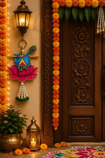 handmade multicolour krishna ji hanging shubh-labh hanging lotus decoration toran for home decor (pack of 2)