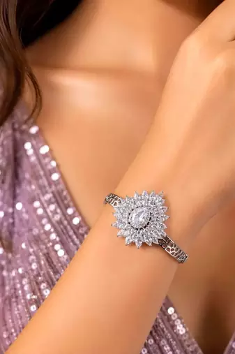 Silver Sunburst CZ Bracelet, Adjustable Statement Bridal Cuff, Cubic Zirconia Wedding Jewelry