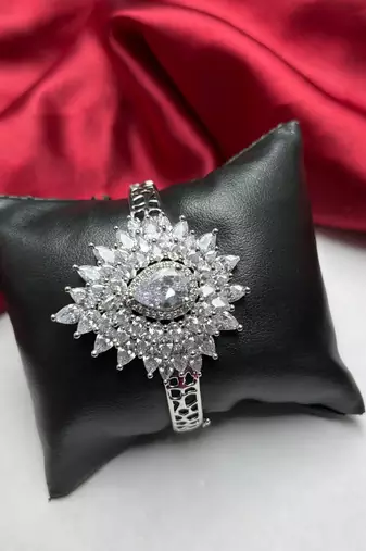 Silver Sunburst CZ Bracelet, Adjustable Statement Bridal Cuff, Cubic Zirconia Wedding Jewelry