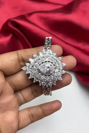 Silver Sunburst CZ Bracelet, Adjustable Statement Bridal Cuff, Cubic Zirconia Wedding Jewelry