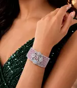 Pink Cubic Zirconia Wide Cuff Bracelet, Art Deco Floral Statement Jewelry