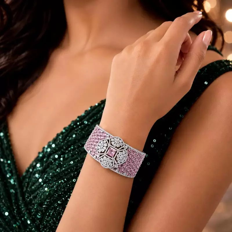 Pink Cubic Zirconia Wide Cuff Bracelet, Art Deco Floral Statement Jewelry