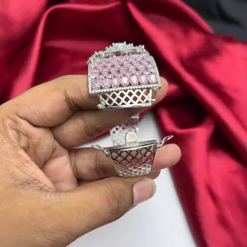 Pink Cubic Zirconia Wide Cuff Bracelet, Art Deco Floral Statement Jewelry 3