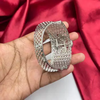 Pink Cubic Zirconia Wide Cuff Bracelet, Art Deco Floral Statement Jewelry 4