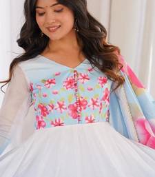  Printed Work Organza Silk Fabric Flared Anarkali Pant and Dupatta Set