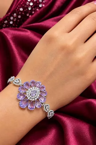 Floral Crystal Bracelet, Lavender Pear-Cut CZ Statement Cuff, Silver-Tone Flower Jewelry