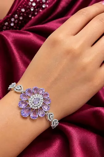 Floral Crystal Bracelet, Lavender Pear-Cut CZ Statement Cuff, Silver-Tone Flower Jewelry