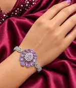 Floral Crystal Bracelet, Lavender Pear-Cut CZ Statement Cuff, Silver-Tone Flower Jewelry