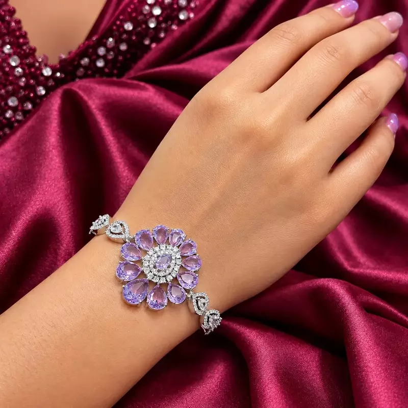 Floral Crystal Bracelet, Lavender Pear-Cut CZ Statement Cuff, Silver-Tone Flower Jewelry