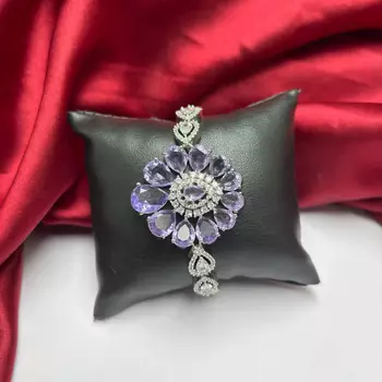 Floral Crystal Bracelet, Lavender Pear-Cut CZ Statement Cuff, Silver-Tone Flower Jewelry 2