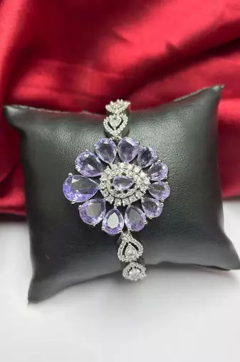 Floral Crystal Bracelet, Lavender Pear-Cut CZ Statement Cuff, Silver-Tone Flower Jewelry